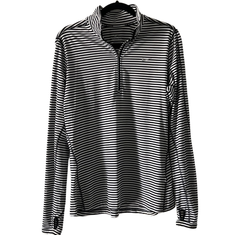 NIKE DRI-FIT Running Quarter Zip Pullover Striped Black White Sz Large